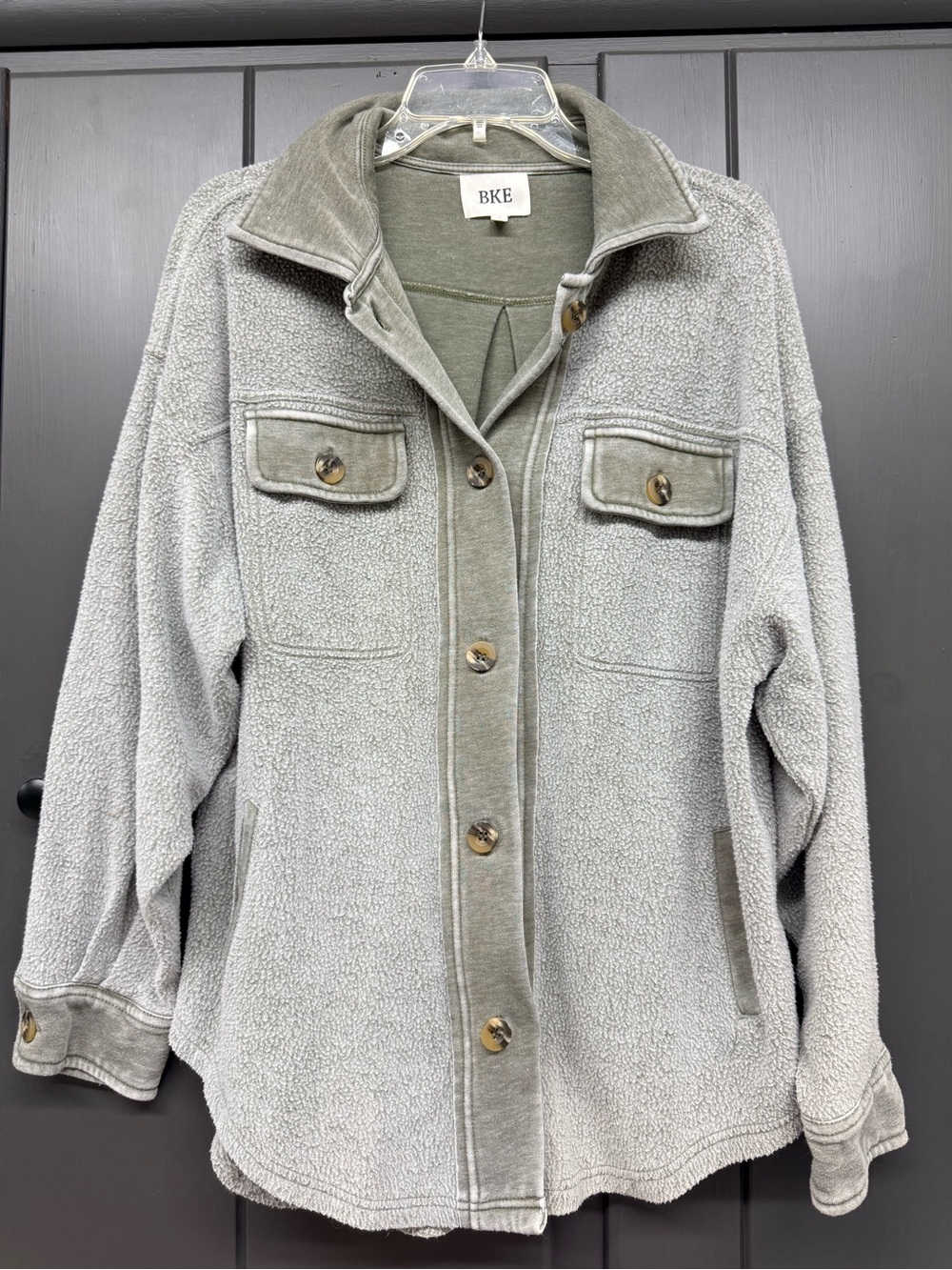BKE Women's Sherpa Button-Front Jacket Shirt in Dark Sage Green